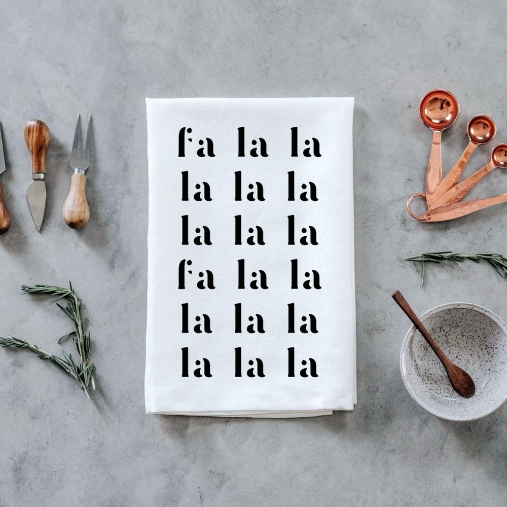 New 100% cotton screen printed fa la la holiday dishtowel